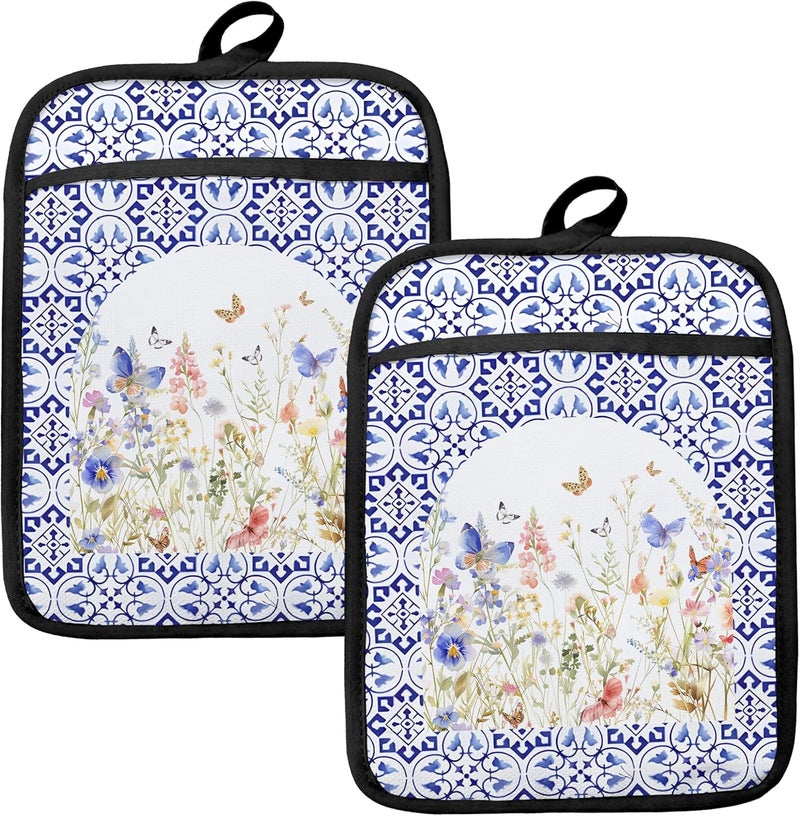 HUGANE Colorful Wildflowers Floral Oven Mitts Set, Blue and White Heat Resistant Kitchen Oven Gloves for Baking and Cooking,Pot Holders - Image 1